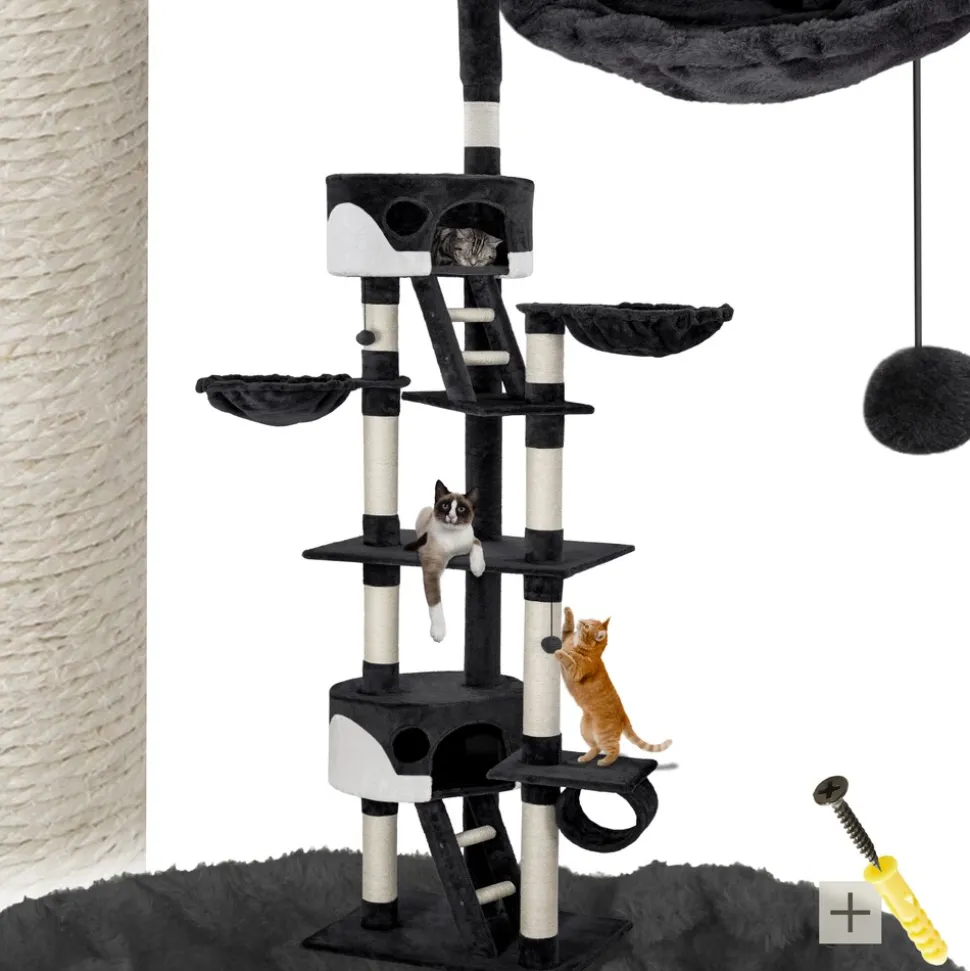 tectake® Kratzbaum, 243 bis 260 cm, mit 2 Katzenhäusern, inklusive 2 Treppen, 2 Spielbällen, Deckenspanner und Kippschutz