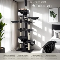 tectake® Kratzbaum, 243 bis 260 cm, mit 2 Katzenhäusern, inklusive 2 Treppen, 2 Spielbällen, Deckenspanner und Kippschutz