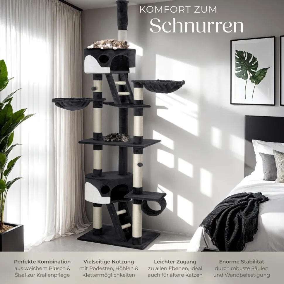 tectake® Kratzbaum, 243 bis 260 cm, mit 2 Katzenhäusern, inklusive 2 Treppen, 2 Spielbällen, Deckenspanner und Kippschutz