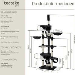 tectake® Kratzbaum, 243 bis 260 cm, mit 2 Katzenhäusern, inklusive 2 Treppen, 2 Spielbällen, Deckenspanner und Kippschutz