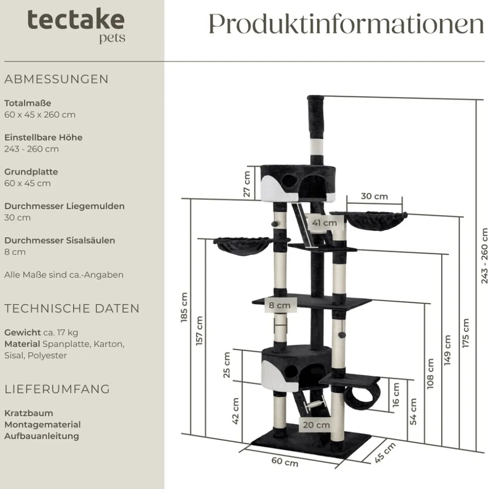 tectake® Kratzbaum, 243 bis 260 cm, mit 2 Katzenhäusern, inklusive 2 Treppen, 2 Spielbällen, Deckenspanner und Kippschutz