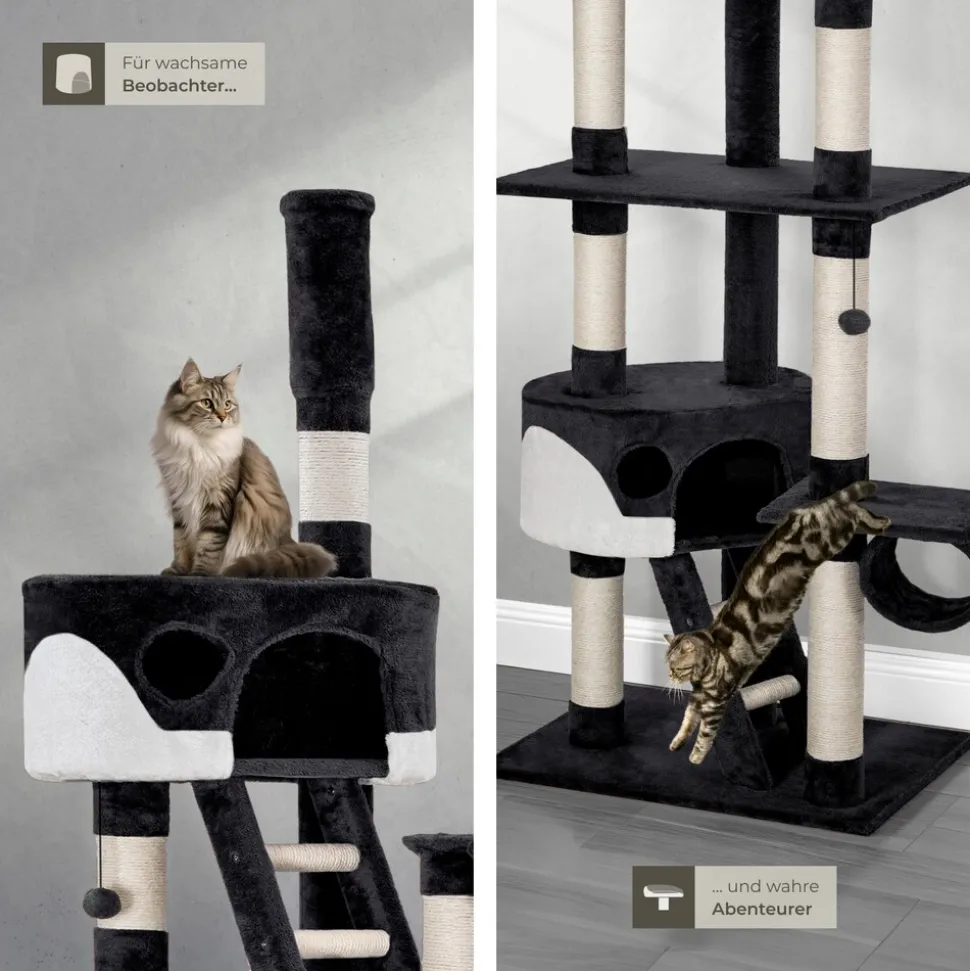tectake® Kratzbaum, 243 bis 260 cm, mit 2 Katzenhäusern, inklusive 2 Treppen, 2 Spielbällen, Deckenspanner und Kippschutz