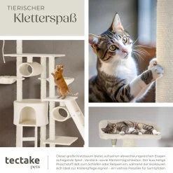 tectake® Kratzbaum, 234 bis 261 cm, mit Katzenhaus, inklusive 2 Treppen, 2 Spielkordeln, Kratzbogen, Deckenspanner und Kippschutz