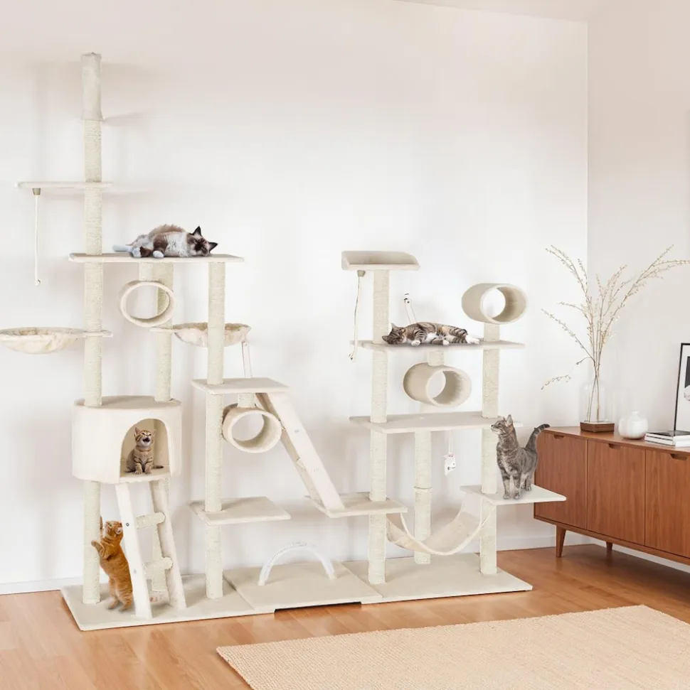 tectake® Kratzbaum, 234 bis 261 cm, mit Katzenhaus, inklusive 2 Treppen, 2 Spielkordeln, Kratzbogen, Deckenspanner und Kippschutz
