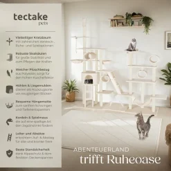 tectake® Kratzbaum, 234 bis 261 cm, mit Katzenhaus, inklusive 2 Treppen, 2 Spielkordeln, Kratzbogen, Deckenspanner und Kippschutz