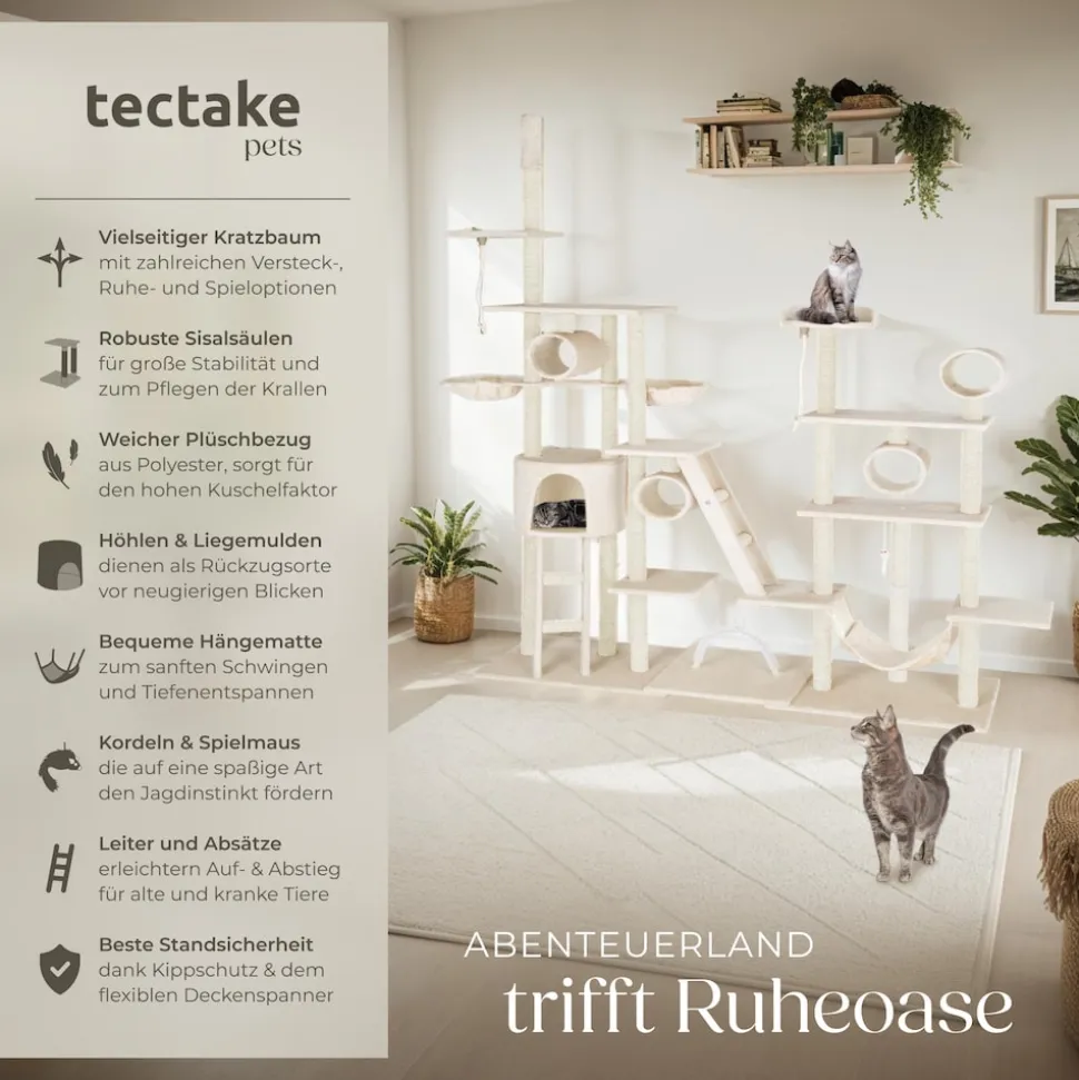 tectake® Kratzbaum, 234 bis 261 cm, mit Katzenhaus, inklusive 2 Treppen, 2 Spielkordeln, Kratzbogen, Deckenspanner und Kippschutz