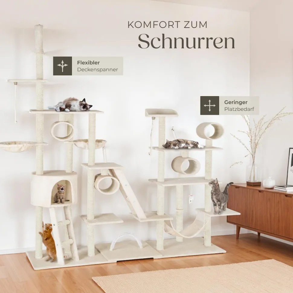 tectake® Kratzbaum, 234 bis 261 cm, mit Katzenhaus, inklusive 2 Treppen, 2 Spielkordeln, Kratzbogen, Deckenspanner und Kippschutz