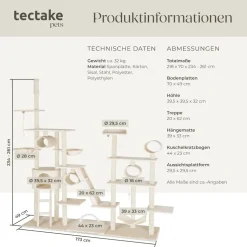 tectake® Kratzbaum, 234 bis 261 cm, mit Katzenhaus, inklusive 2 Treppen, 2 Spielkordeln, Kratzbogen, Deckenspanner und Kippschutz