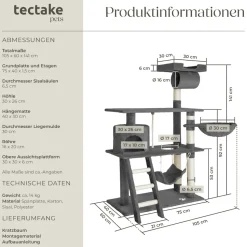 tectake® Kratzbaum, 141 cm, mit Katzenhaus, inklusive Treppe, Spielkordel und Kippschutz