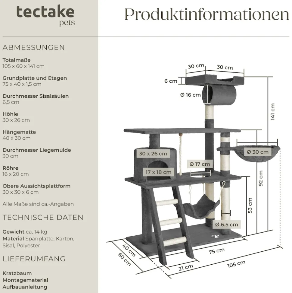 tectake® Kratzbaum, 141 cm, mit Katzenhaus, inklusive Treppe, Spielkordel und Kippschutz