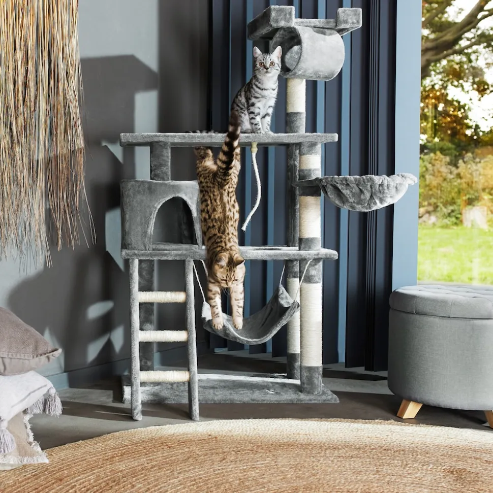 tectake® Kratzbaum, 141 cm, mit Katzenhaus, inklusive Treppe, Spielkordel und Kippschutz