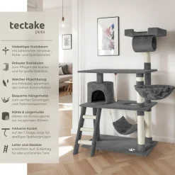 tectake® Kratzbaum, 141 cm, mit Katzenhaus, inklusive Treppe, Spielkordel und Kippschutz