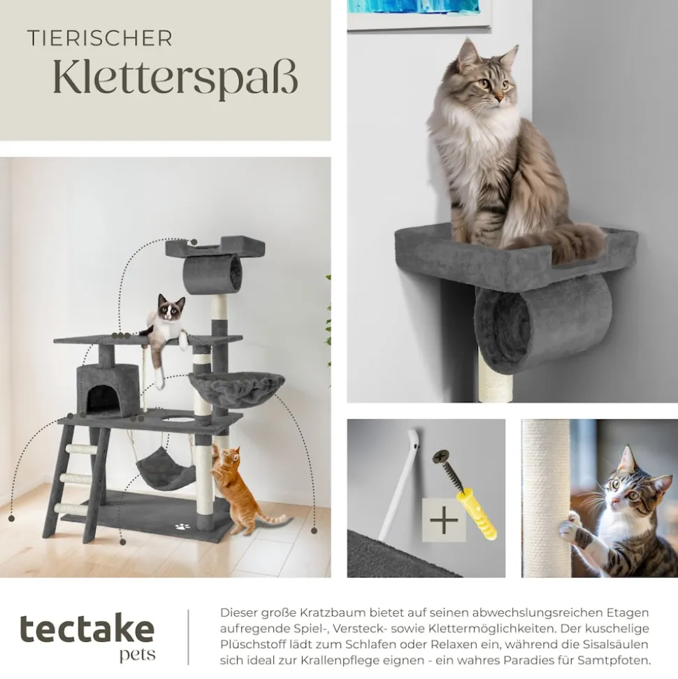 tectake® Kratzbaum, 141 cm, mit Katzenhaus, inklusive Treppe, Spielkordel und Kippschutz