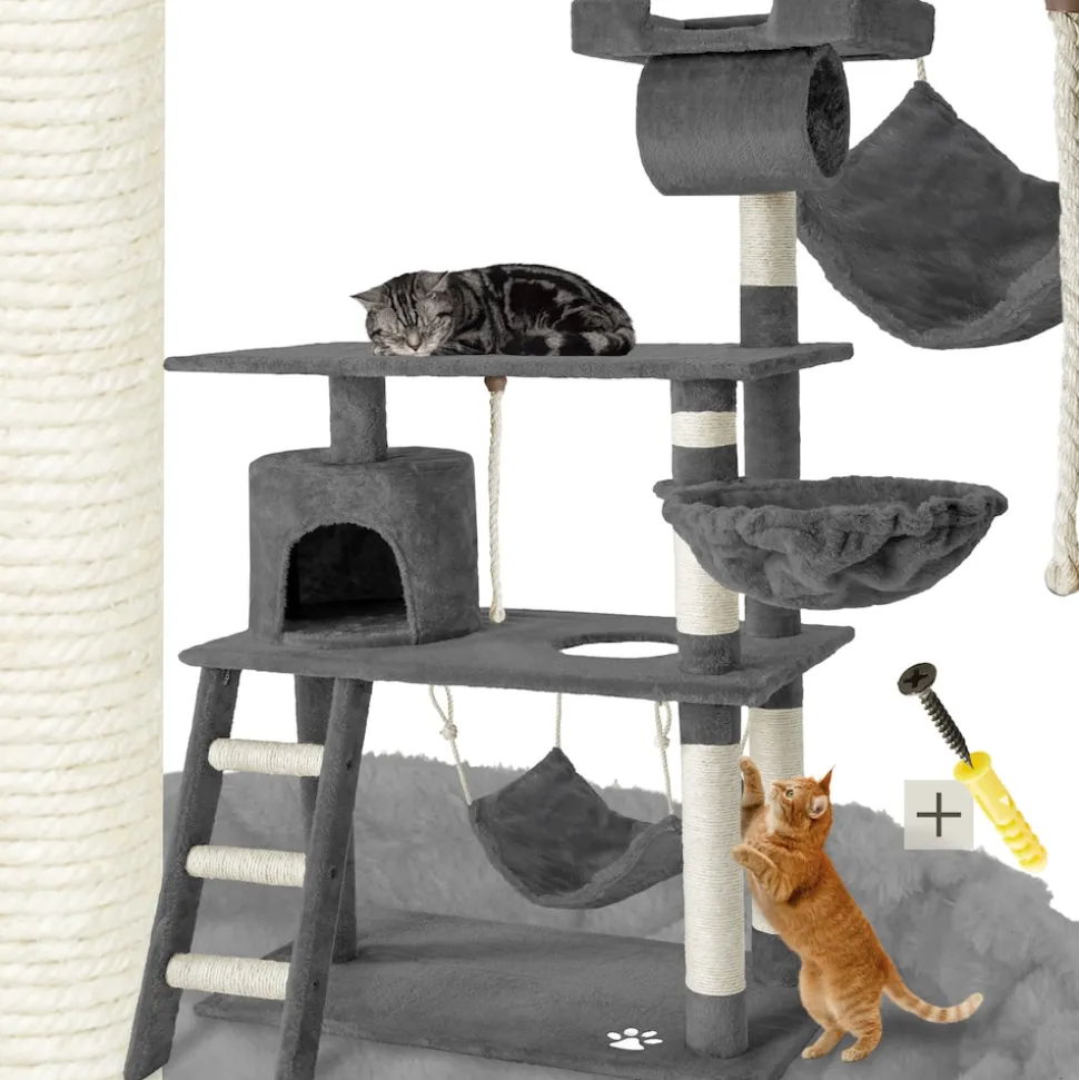 tectake® Kratzbaum, 141 cm, mit Katzenhaus, inklusive Treppe, Spielkordel und Kippschutz