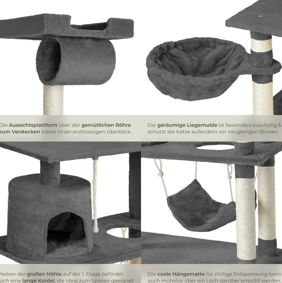 tectake® Kratzbaum, 141 cm, mit Katzenhaus, inklusive Treppe, Spielkordel und Kippschutz
