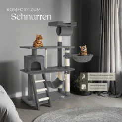 tectake® Kratzbaum, 141 cm, mit Katzenhaus, inklusive Treppe, Spielkordel und Kippschutz