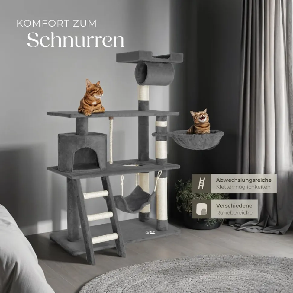 tectake® Kratzbaum, 141 cm, mit Katzenhaus, inklusive Treppe, Spielkordel und Kippschutz