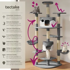 tectake® Kratzbaum, 201 cm, mit 2 Katzenhäusern, inklusive Spielkordel und Kippschutz