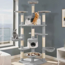 tectake® Kratzbaum, 201 cm, mit 2 Katzenhäusern, inklusive Spielkordel und Kippschutz