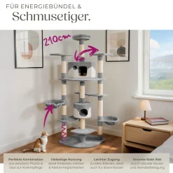 tectake® Kratzbaum, 201 cm, mit 2 Katzenhäusern, inklusive Spielkordel und Kippschutz