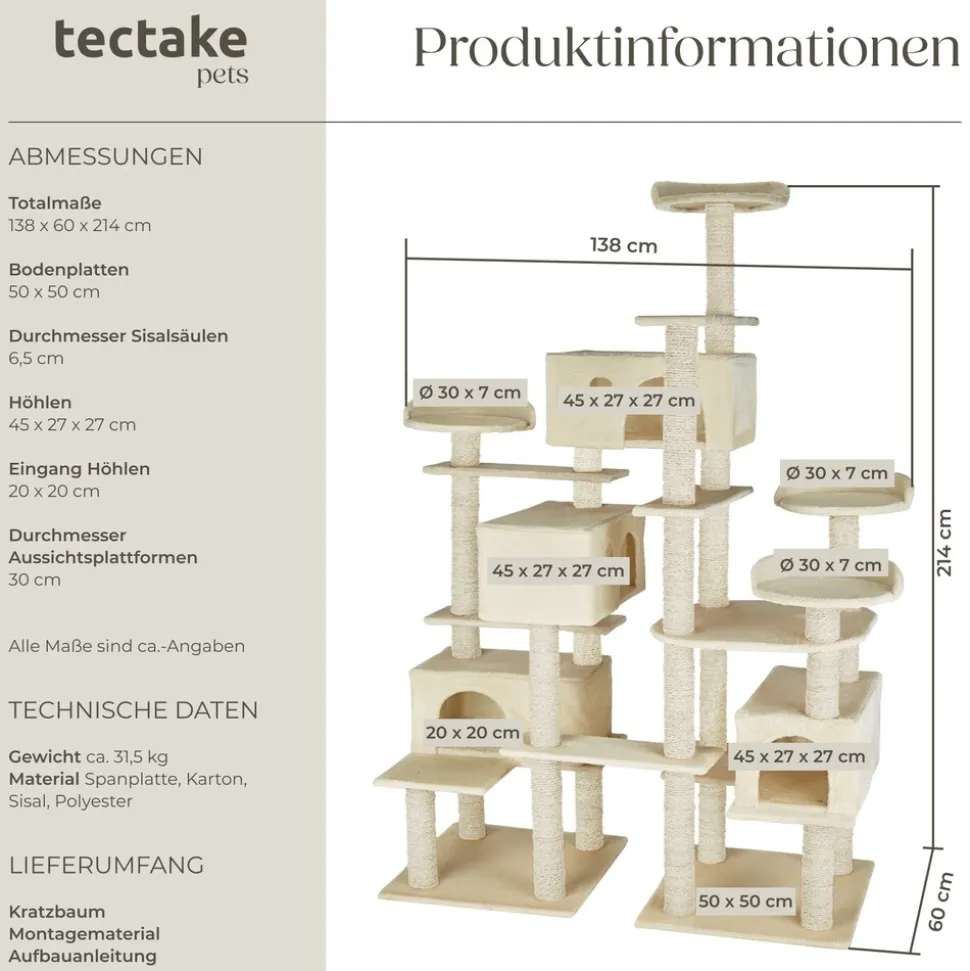 tectake® Kratzbaum, 214 cm, mit 4 Katzenhäusern, inklusive Kippschutz