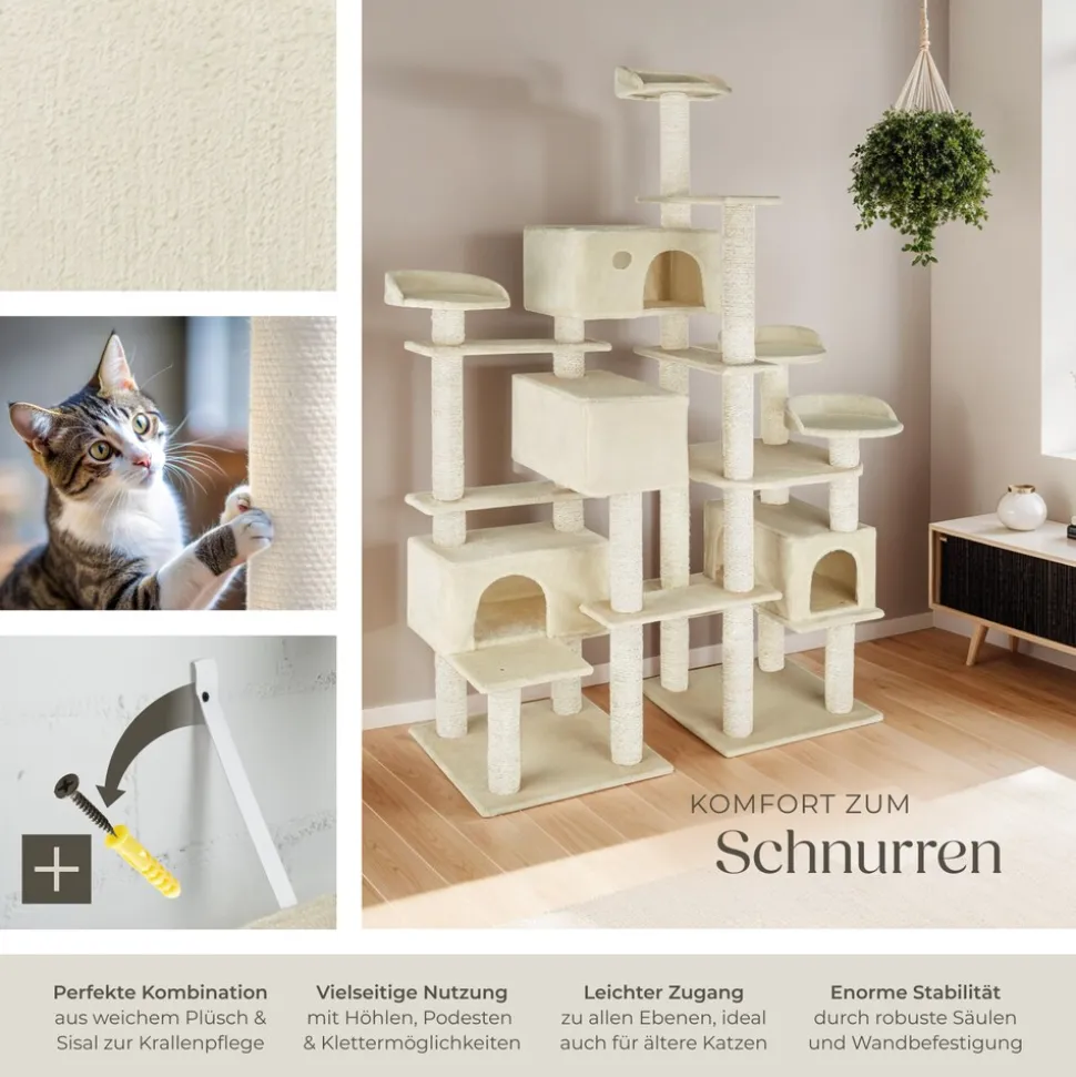 tectake® Kratzbaum, 214 cm, mit 4 Katzenhäusern, inklusive Kippschutz