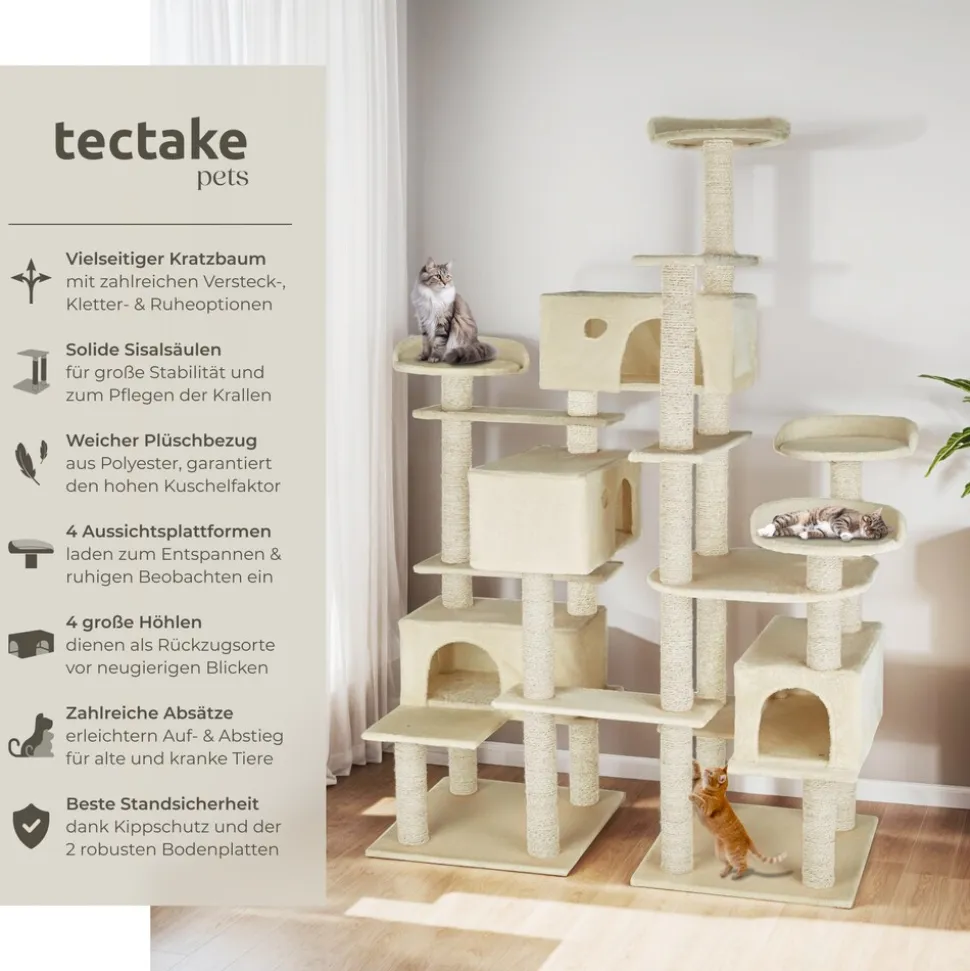 tectake® Kratzbaum, 214 cm, mit 4 Katzenhäusern, inklusive Kippschutz