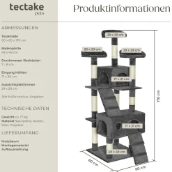 tectake® Kratzbaum, 170 cm, mit 2 Katzenhäusern, inklusive 2 Treppen und Kippschutz