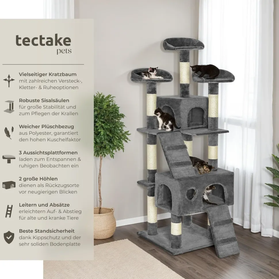 tectake® Kratzbaum, 170 cm, mit 2 Katzenhäusern, inklusive 2 Treppen und Kippschutz
