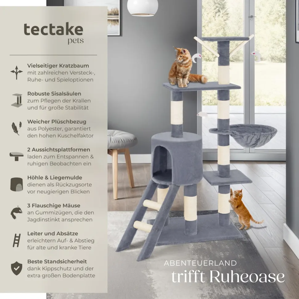tectake® Kratzbaum, 144 cm, mit Katzenhaus, inklusive Treppe, 3 Spielmäusen und Kippschutz