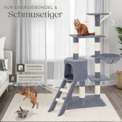 tectake® Kratzbaum, 144 cm, mit Katzenhaus, inklusive Treppe, 3 Spielmäusen und Kippschutz