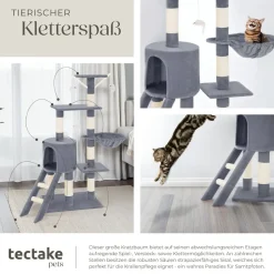 tectake® Kratzbaum, 144 cm, mit Katzenhaus, inklusive Treppe, 3 Spielmäusen und Kippschutz