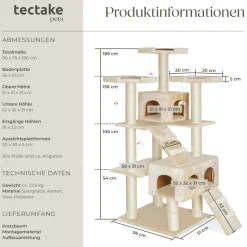 tectake® Kratzbaum, 186 cm, mit 2 Katzenhäusern, inklusive 2 Treppen, 4 Spielmäusen und Kippschutz