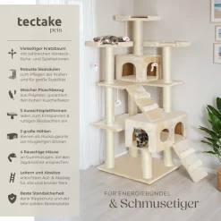 tectake® Kratzbaum, 186 cm, mit 2 Katzenhäusern, inklusive 2 Treppen, 4 Spielmäusen und Kippschutz