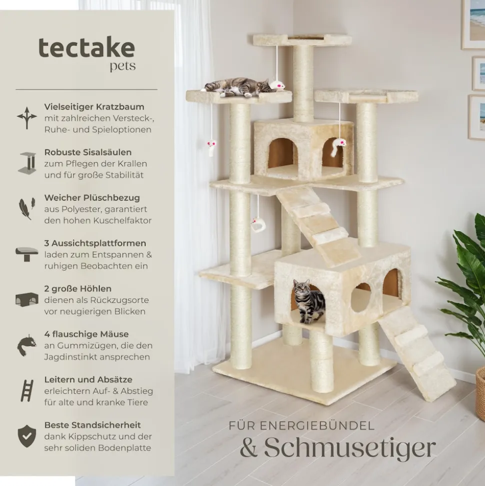 tectake® Kratzbaum, 186 cm, mit 2 Katzenhäusern, inklusive 2 Treppen, 4 Spielmäusen und Kippschutz