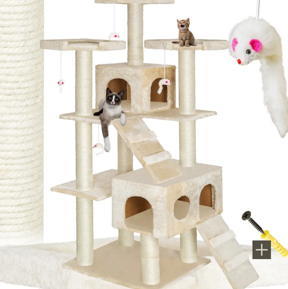tectake® Kratzbaum, 186 cm, mit 2 Katzenhäusern, inklusive 2 Treppen, 4 Spielmäusen und Kippschutz