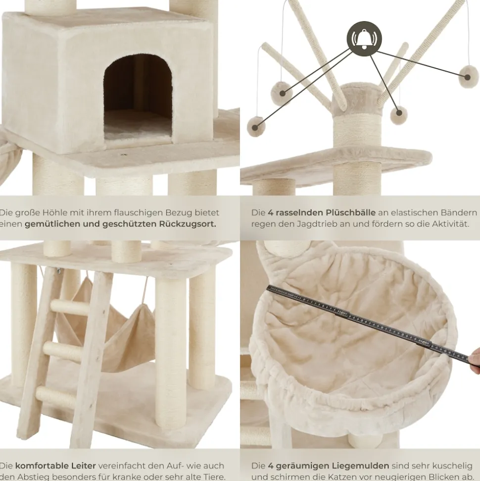 tectake® Kratzbaum, 195 cm, mit Katzenhaus, inklusive Treppe, 4 Spielbällen und Kippschutz