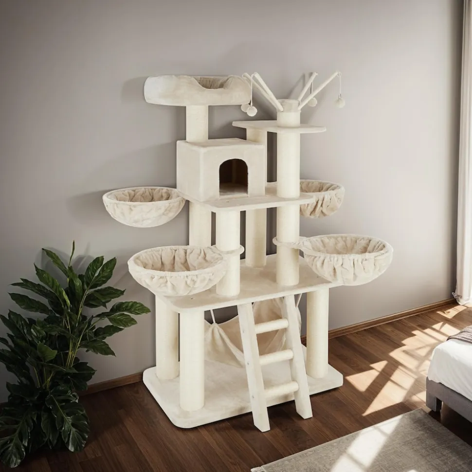 tectake® Kratzbaum, 195 cm, mit Katzenhaus, inklusive Treppe, 4 Spielbällen und Kippschutz