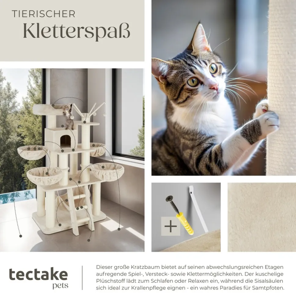 tectake® Kratzbaum, 195 cm, mit Katzenhaus, inklusive Treppe, 4 Spielbällen und Kippschutz