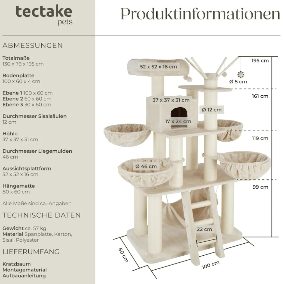 tectake® Kratzbaum, 195 cm, mit Katzenhaus, inklusive Treppe, 4 Spielbällen und Kippschutz