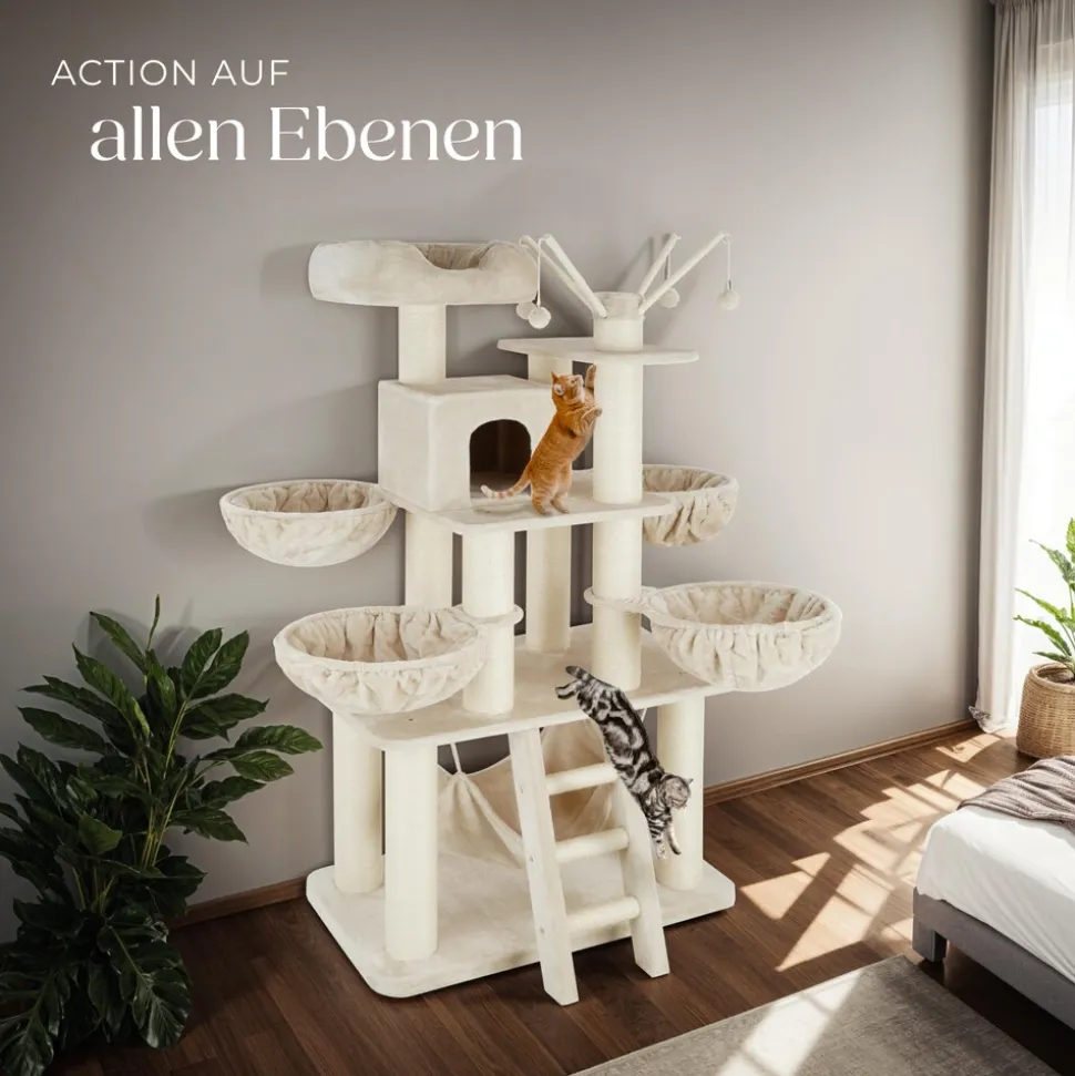 tectake® Kratzbaum, 195 cm, mit Katzenhaus, inklusive Treppe, 4 Spielbällen und Kippschutz