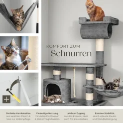 tectake® Kratzbaum, 141 cm, mit Katzenhaus, inklusive Spielkordel und Kippschutz