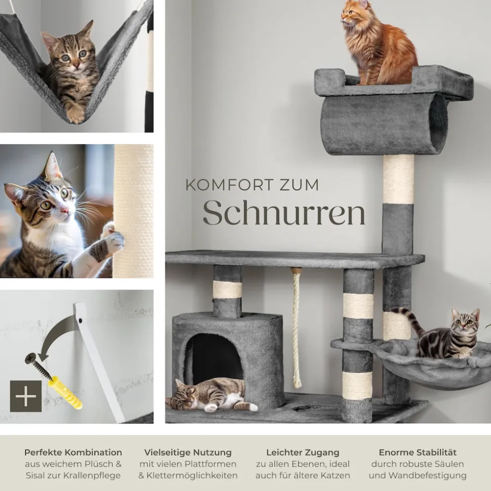 tectake® Kratzbaum, 141 cm, mit Katzenhaus, inklusive Spielkordel und Kippschutz