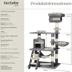 tectake® Kratzbaum, 141 cm, mit Katzenhaus, inklusive Spielkordel und Kippschutz