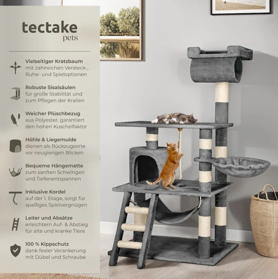 tectake® Kratzbaum, 141 cm, mit Katzenhaus, inklusive Spielkordel und Kippschutz