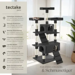 tectake® Kratzbaum, 170 cm, mit 2 Katzenhäusern, inklusive 2 Treppen, 4 Spielmäusen und Kippschutz