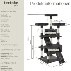 tectake® Kratzbaum, 170 cm, mit 2 Katzenhäusern, inklusive 2 Treppen, 4 Spielmäusen und Kippschutz