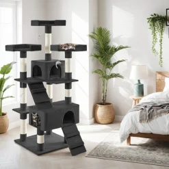 tectake® Kratzbaum, 170 cm, mit 2 Katzenhäusern, inklusive 2 Treppen, 4 Spielmäusen und Kippschutz
