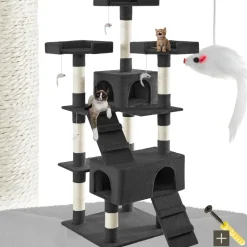 tectake® Kratzbaum, 170 cm, mit 2 Katzenhäusern, inklusive 2 Treppen, 4 Spielmäusen und Kippschutz