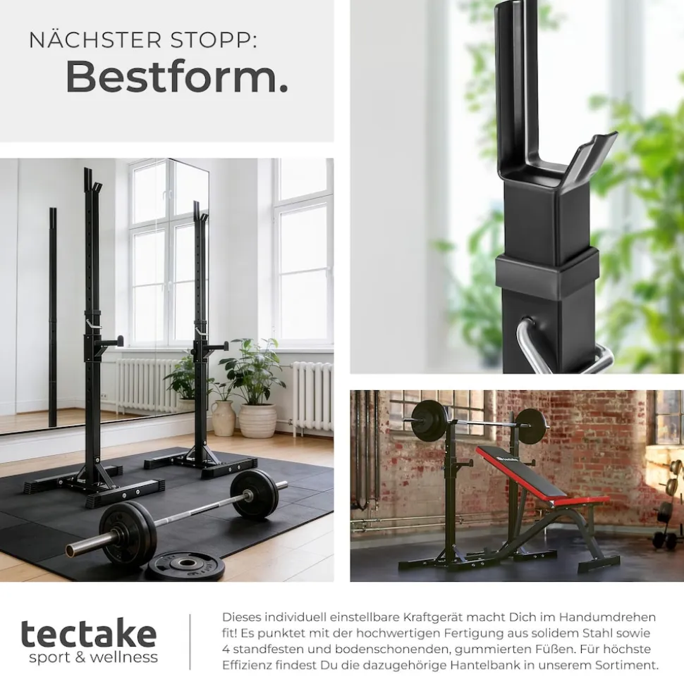 tectake® Langhantelablage, multifunktional, seitliche Ablage 6-fach höhenverstellbar, bodenschonende Kunststoffkappen